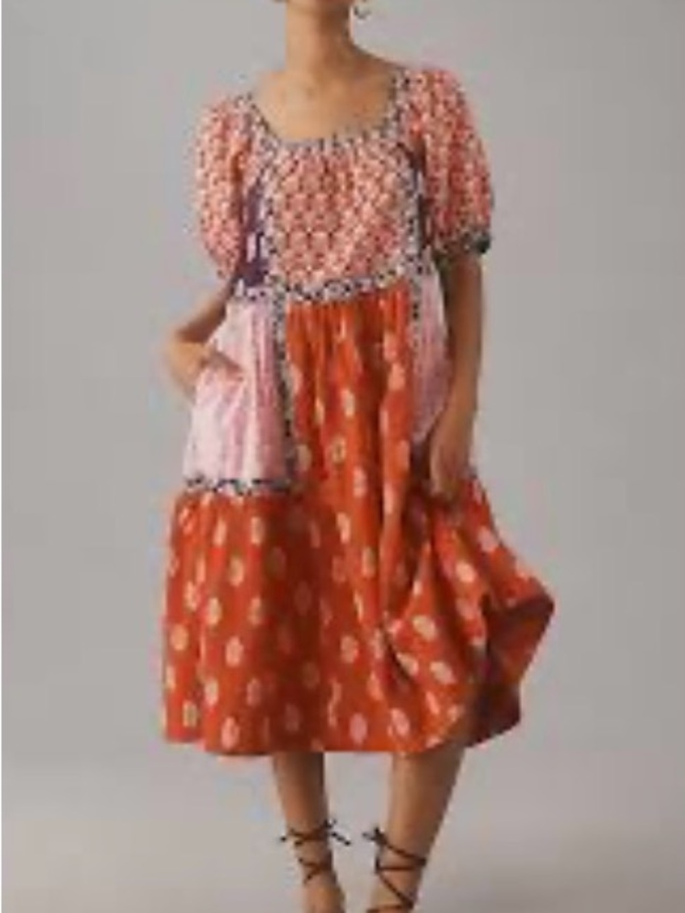 Maeve Orange and Pink Patchwork Midi Dress anthropology
